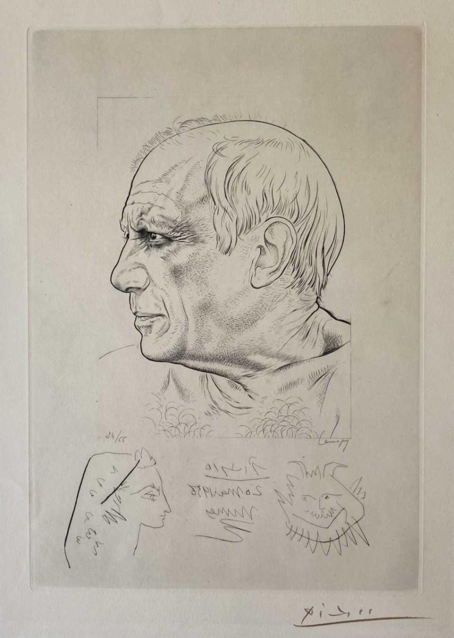 Retrato a Picasso firmado por Paul Lemagny con notas y dibujos del artista malagueño en la parte de abajo